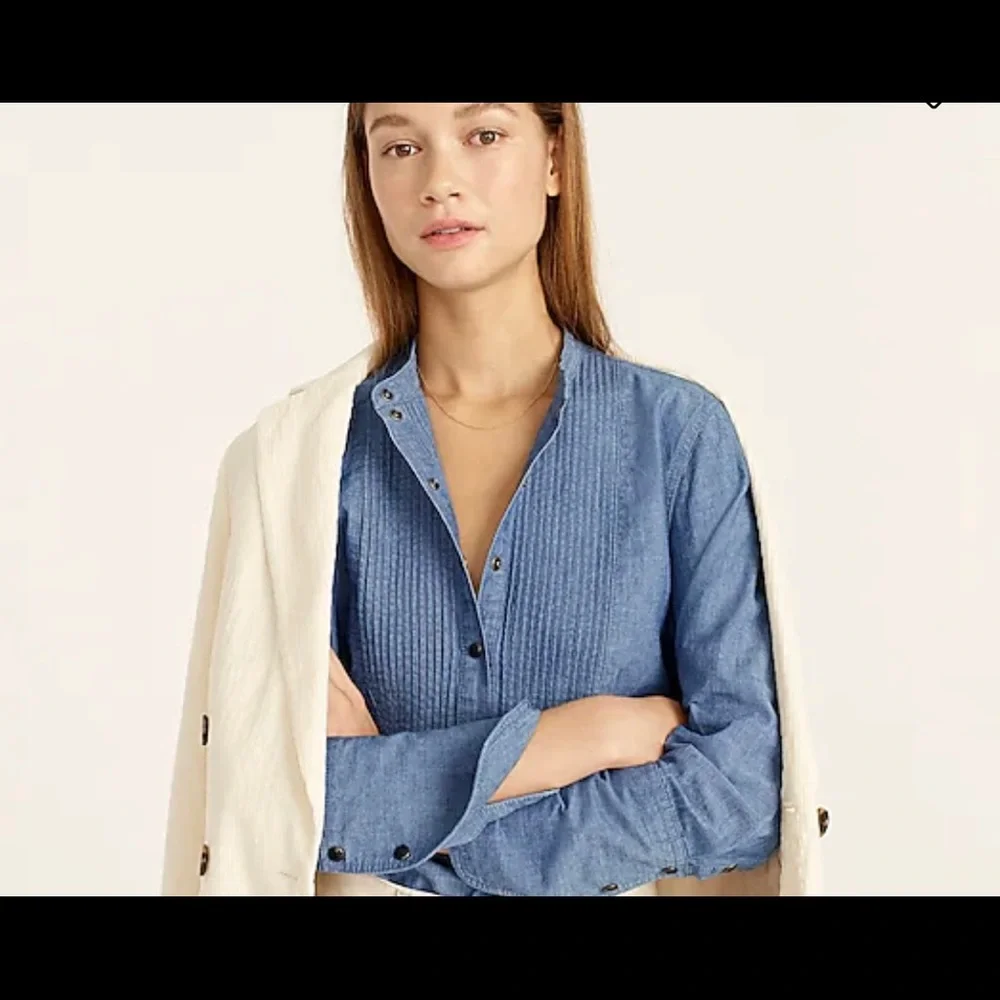 J. Crew Light Blue Pintuck Front Denim-Style Blouse